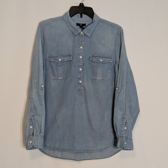 GAP Blue Cotton Chambray Denim Long Sleeve Pullover Button Shirt; Women Size L - Picture 1 of 4